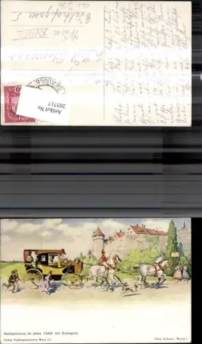 205717,Künstler Ak Krüzner Berufe Post Hochzeitreise m. Extrapost Postkutsche Hunde