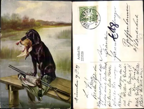 223520,Künstler Ak August Müller München Jagd Jagdhund m. Ente i. Maul Gewehr Steg See