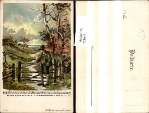 223648,Künstler Ak T. Guggenberger Jäger Jagd Zaun Wald Notenzeile Liedtext