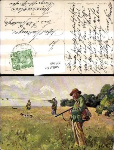 223660,Künstler Ak H. v. Preen Jäger Hund a. Feld Gewehr Jagd
