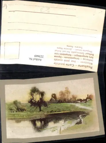 223669,Künstler Ak Fischerei Fischer Angeler a. See Dorf i. Hintergrund Landschaft