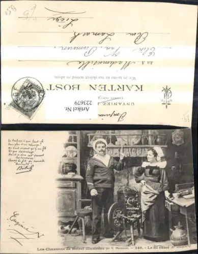 223679,Heimarbeit Spinnen Spinnrad Matrose Frau Les Chansons de Botrel illustrees Le fil casse