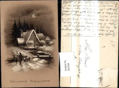 263184,Künstler Ak Berufe Hirten Schäfer Schafherde Schafhirte Winterlandschaft b. Mondschein