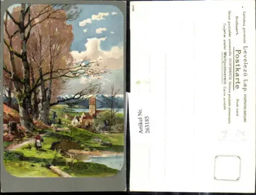 263185,Künstler Litho Berufe Hirten Schäfer Schafherde Schafhirte a. Bank Landschaft