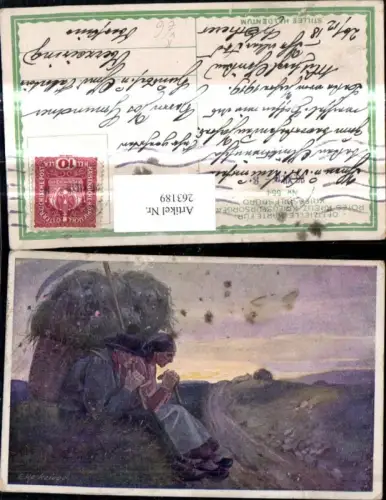 263189,Künstler Ak E. Reckziegel Berufe Landwirtschaft Bauern b. Gebet Rückkorb Heu Sense pub Kriegsfürsorge 554