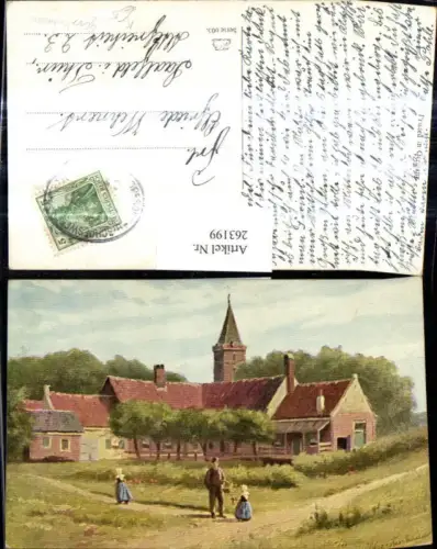 263199,Künstler Ak Gerstenhauer Bauer m. Kinder Kirche Dorf i. Hintergrund Berufe Landwirtschaft