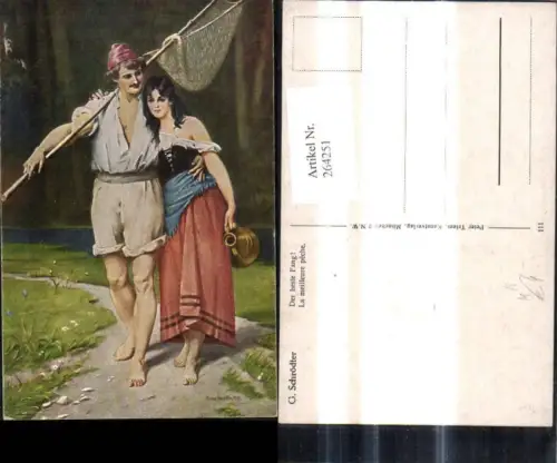 264251,Künstler Ak G. Schrödter Der beste Fang Fischer m. Frau Fischerei Kescher Berufe