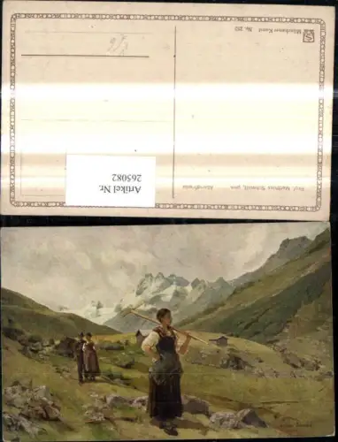 265082,Künstler Ak Matthias Schmidt Abendfriede Bauern Frau m. Rechen Bergkulisse Landwirtschaft pub A.S.M. Imita 252