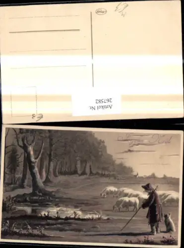 267582,Künstler Ak Hirten Schäfer m. Pfeife Schafe Hund Landschaft