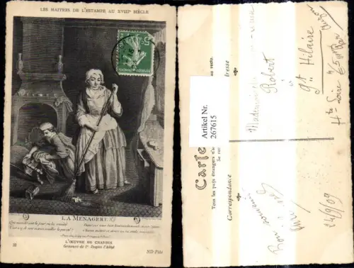 267615,Künstler Ak P. Dupin l Aine Frau m. Besen Mädchen b. Putzen Heimarbeit