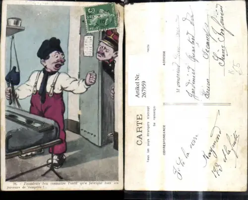 267959,Künstler Ak Berufe Handwerk Arbeiter Fabrik Mann m. Uniform b. Tür Spruch