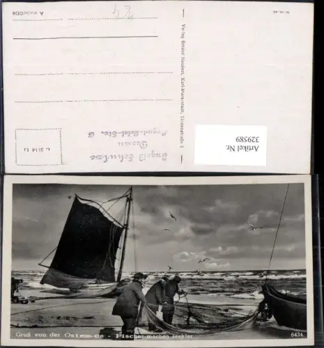 329589,Gruß v. d. Ostsee Fischer machen seeklar Segelboot Fischen Fischerei