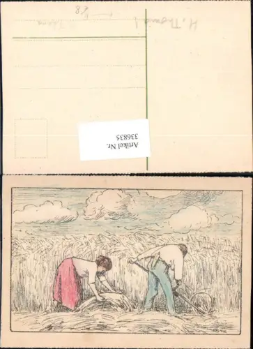 336835,Künstler Ak Bleistiftzeichnung H. Thoma Bauern b. Getreideernte Sense Landwirtschaft