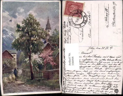 336844,Künstler Ak Hirte Schäfer Dorfstraße Blühende Kastanie Kirche Landschaft Schafe