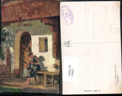 336871,Künstler Ak E. Hörwarter L appliquee Frau Stricken Handarbeit v. Haus Heimarbeit