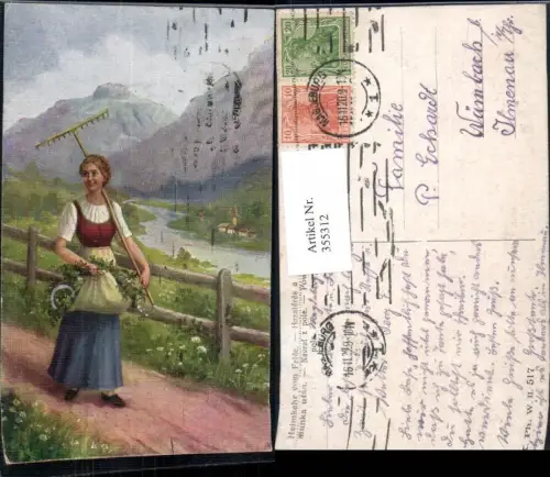 355312,Künstler Ak Heimkehr vom Felde Landwirtschaft Frau Rechen Tuch Sichel Landschaft