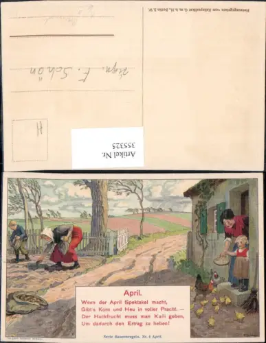 355325,Künstler Ak F. Schoen Bauern Kartoffelacker Hühner Fütterung Landwirtschaft April Text