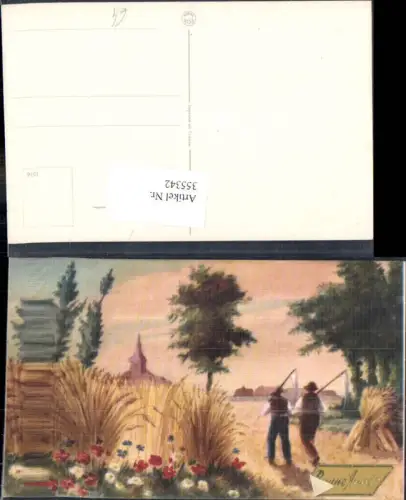 355342,Künstler Ak Landwirtschaft Bauern Sense Getreideernte Kirche