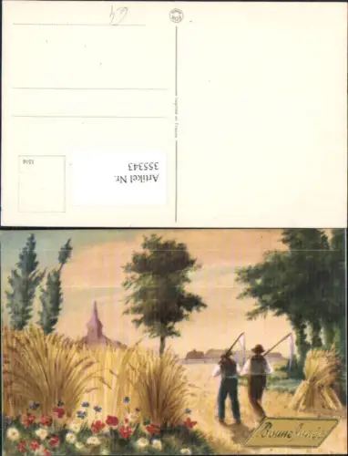 355343,Künstler Ak Landwirtschaft Bauern Sense Getreideernte Kirche