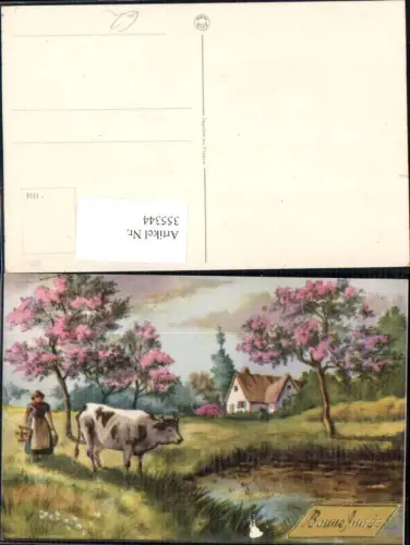 355344,Künstler Ak Landwirtschaft Bäuerin m. Kuh Kübel Melkschemel Teich Landschaft