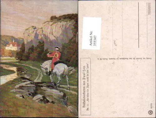 355347,Künstler Ak Paul Hey Mann a. Pferd bläst Posthorn Postwesen Post