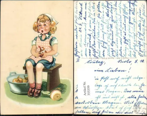 355359,Künstler Ak Heimatarbeit Mädchen weint b. Zwiebelschälen