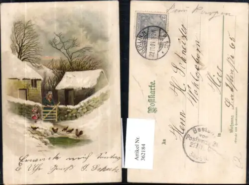 362184,Künstler Ak Bauernhof Winterlandschaft Mädchen füttert Hühner Landwirtschaft