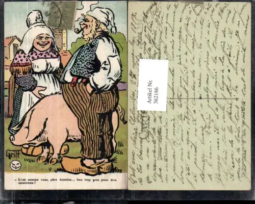 362186,Künstler Ak Karikatur Griff Bauern m. Schwein Pfeife Rauchen Landwirtschaft