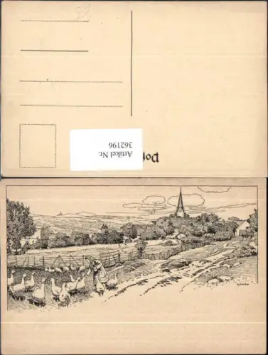362196,Künstler Ak Hirten Mädchen Gänsehirtin Kirche Landschaft