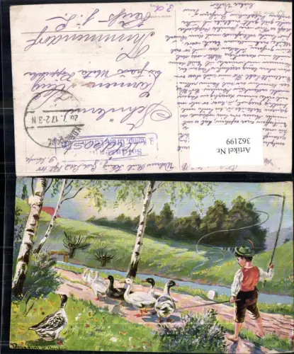 362199,Künstler Ak Donadini Hirten Gänsehirte Bub Junge Landschaft Birken