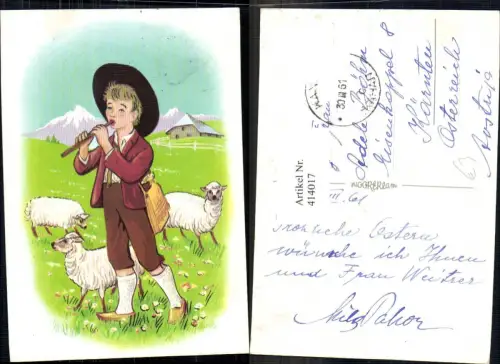 414017,Künstler Ak Bub Junge m. Flöte Hirte Schäfer Schafe Musik