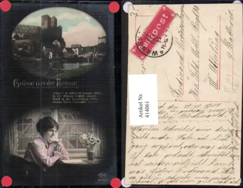 414061,Fotomontage Frau Lesen Mann Angeln Fischen Fischerei Text Feldpost Res. Feld Art. Reg 54