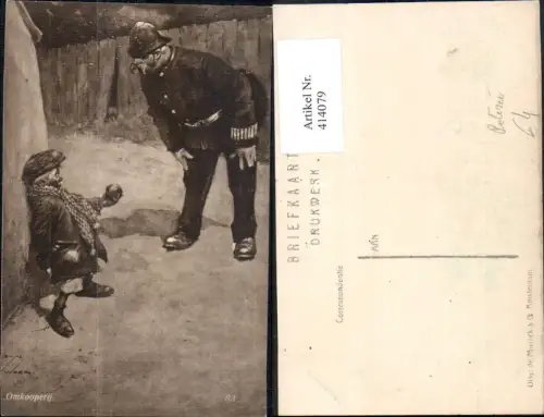 414079,Künstler Ak Wood Omkooperij Polizist Bub m. Apfel Polizei Grenze Zoll