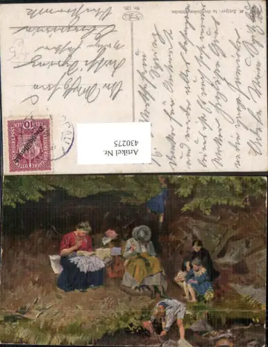 430275,Künstler Ak M. Seliger In der Sommerfrische Frauen Sticken Nähen Heimarbeit Hausarbeit
