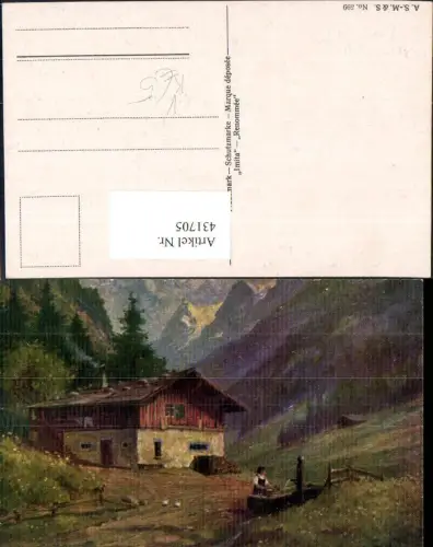 431705,Künstler Ak Bergbauernhof Brunnen Frau Landwirtschaft Bergkulisse pub Imita 599