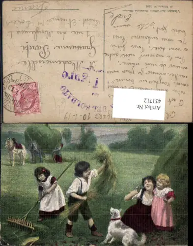 431712,Bauernkinder Kinder b. Heuernte Hund Rechen Landwirtschaft