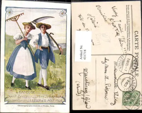 431718,Künstler Ak Bauern Paar m. Rechen Tracht Faucheur Faneuse Landwirtschaft Vevey