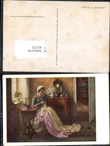 431727,Künstler Ak K. M. Schuster Heimfriede Frau Nähen Heimarbeit Hausarbeit