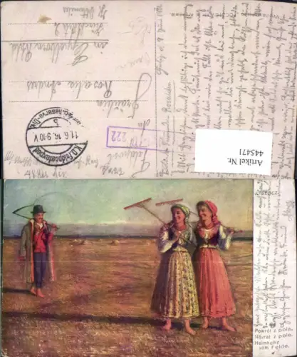445471,Künstler Ak J. Bielicz Heimkehr v. Felde Bauern Rechen Landwirtschaft Feldpostbrief II/222