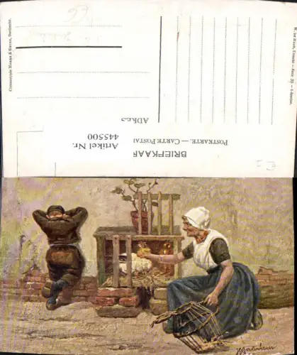 445500,Künstler Ak J. G. Gerstenhauer Bäuerin Kind Käfig Hahn Hühner Landwirtschaft