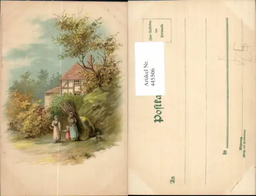 445506,Künstler Litho Bäuerinnen Kind Holz a. Rücken Landwirtschaft