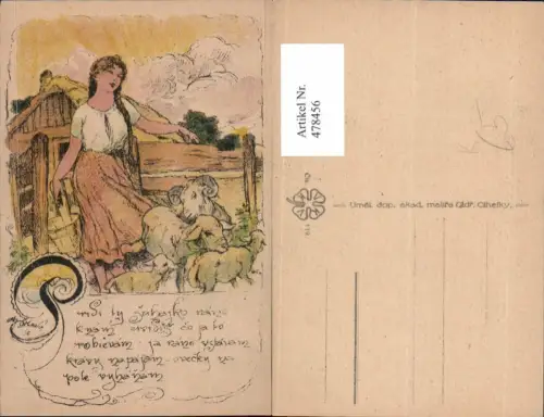 478456,Künstler Ak Frau Bäuerin m. Kübel Schafe Widder Landwirtschaft