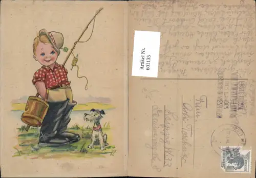 601135,Künstler Ak Bub Junge m. Angel Hund Humor Fischerei Fischen