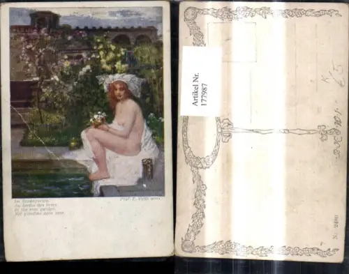 177987,Künstler Ak Prof. E. Veith Im Rosengarten Nackte Frau Akt Erotik Schleier a. Kopf Blumen Strauß