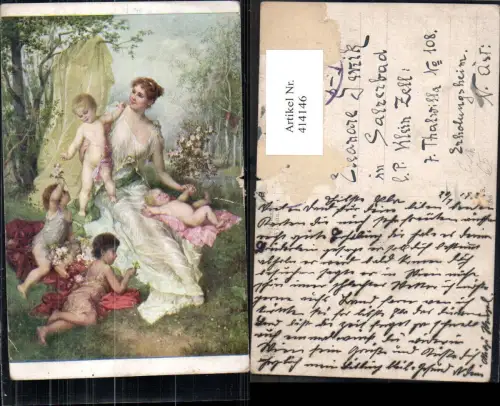 414146,Künstler Ak Lofter Frühling Frau m. Kinder Erotik