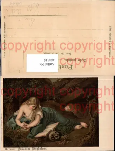 464315,Künstler Litho Battoni Büssende Magdalena Barbusig Frau Erotik Totenkopf Lesen