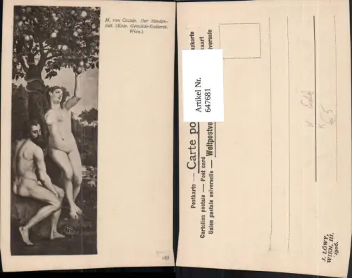 647681,M. van Cocxie Der Sündenfall Adam Eva Nackt Akt Apfel Erotik pub J. Löwy 133