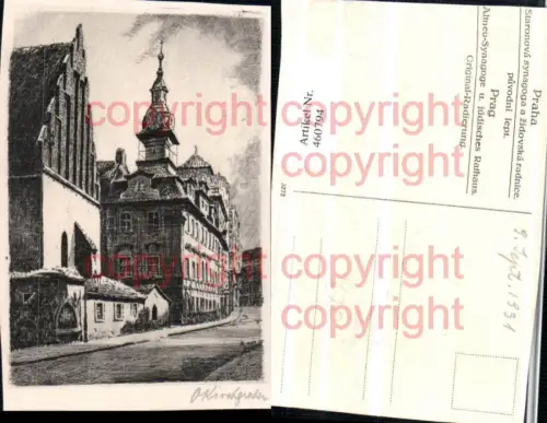 460794,Künstler AK Radierung Judaica Praha Prag Synagoge Jüdisches Rathaus