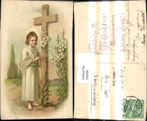 106680,Künstler Litho Religion Jesuskind Jesus Kreuz Blumen Lilien