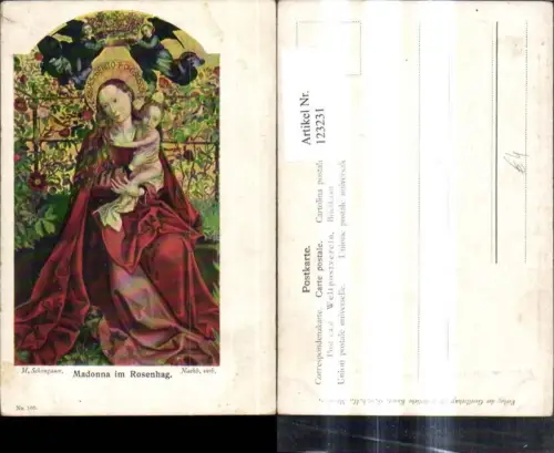 123231,Künstler Ak M. Schongauer Madonna i. Rosenhag Jesuskind Engel Religion